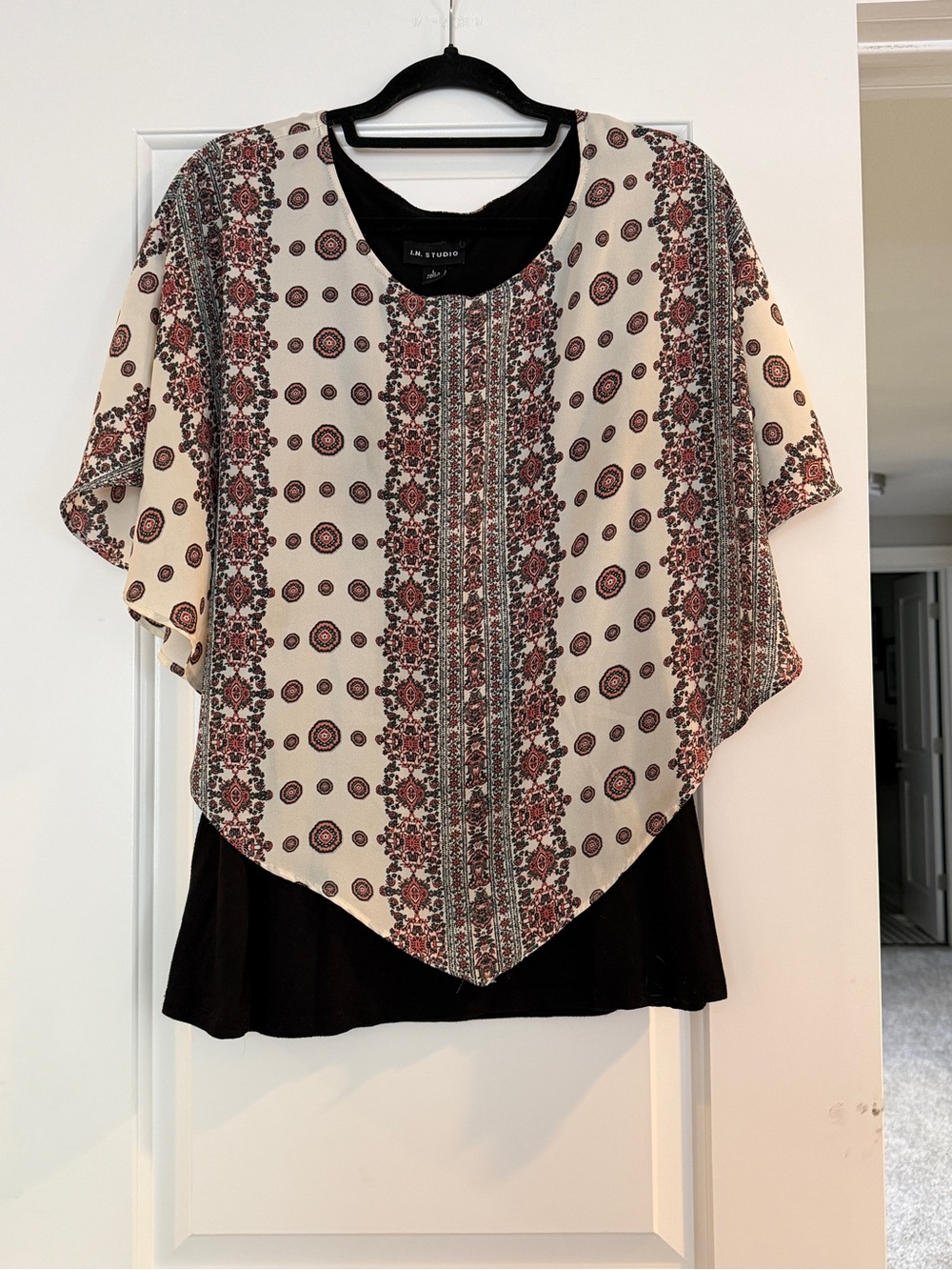 Cream Printed Poncho Tunic with Black Layer